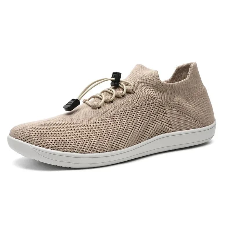 khaki barefoot training shoe with knit upper and toggle laces, side view
