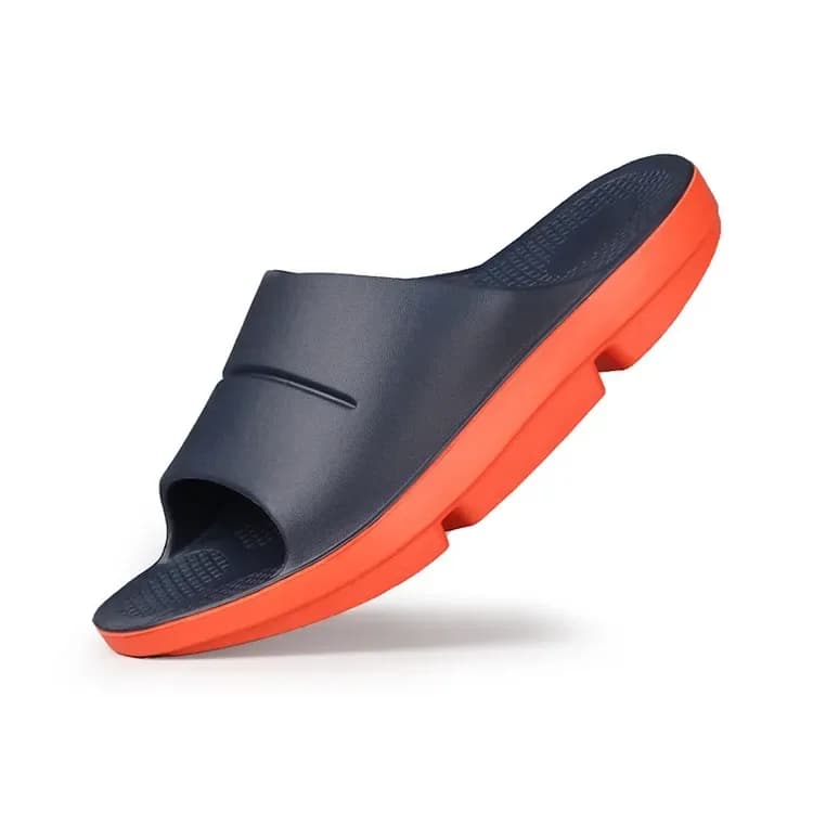 navy and orange men's recovery slides with cushioned eva sole
