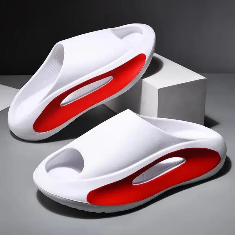white thick platform eva slides with cutout sole