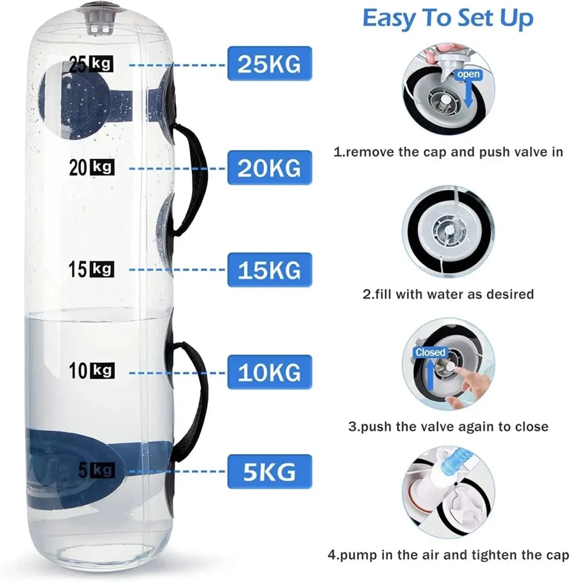 adjustable water power bag with fill marks from 5 to 25 kg