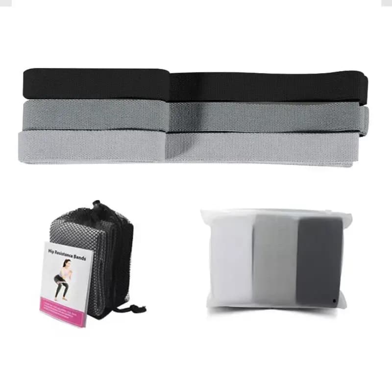 set of three fabric long resistance bands in light grey, dark grey and black