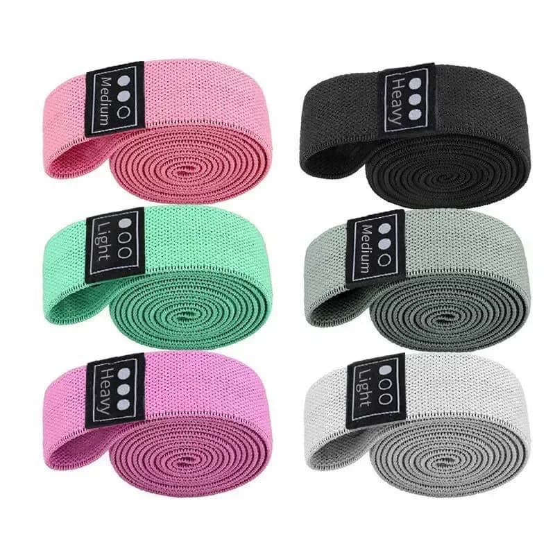 fabric long resistance bands in six colors with level tags