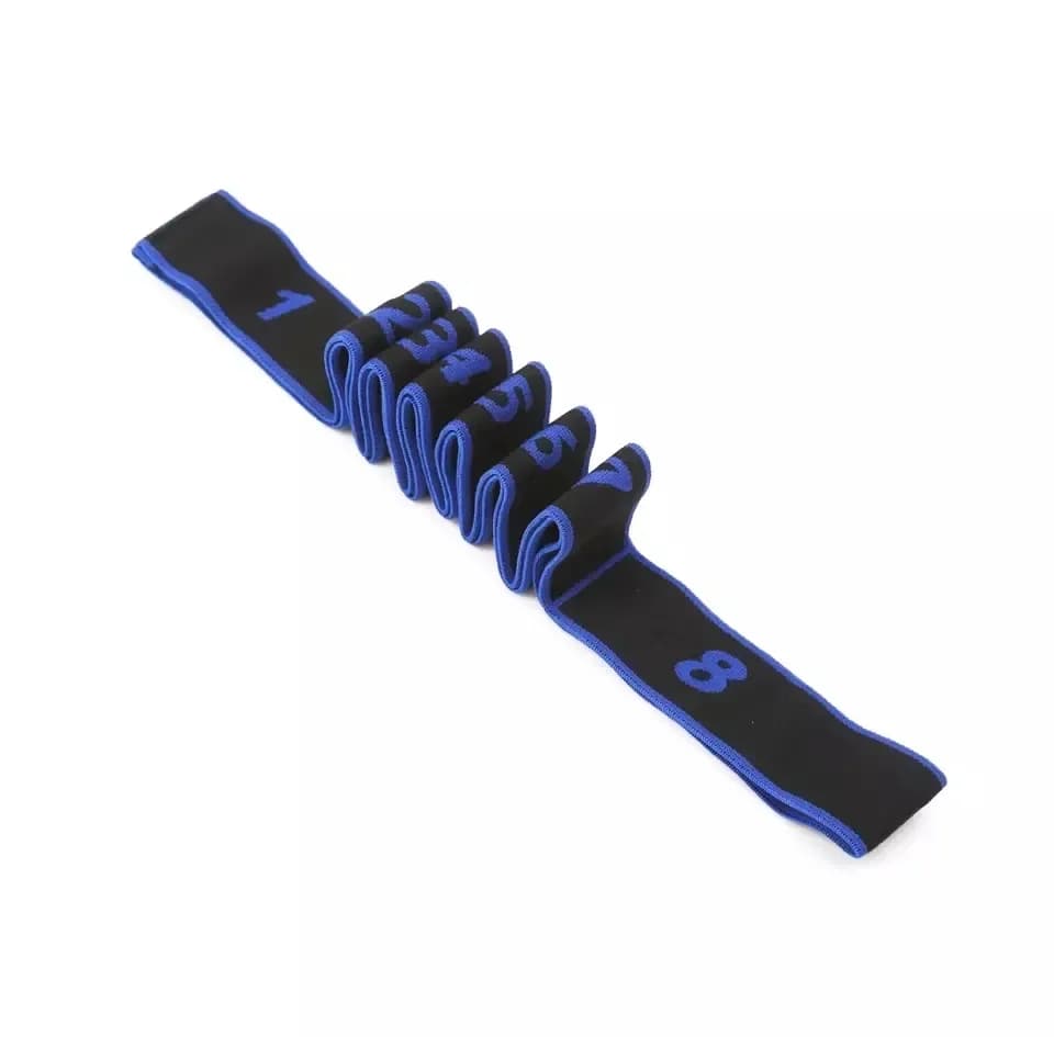 blue elastic stretching strap with 8 numbered loops
