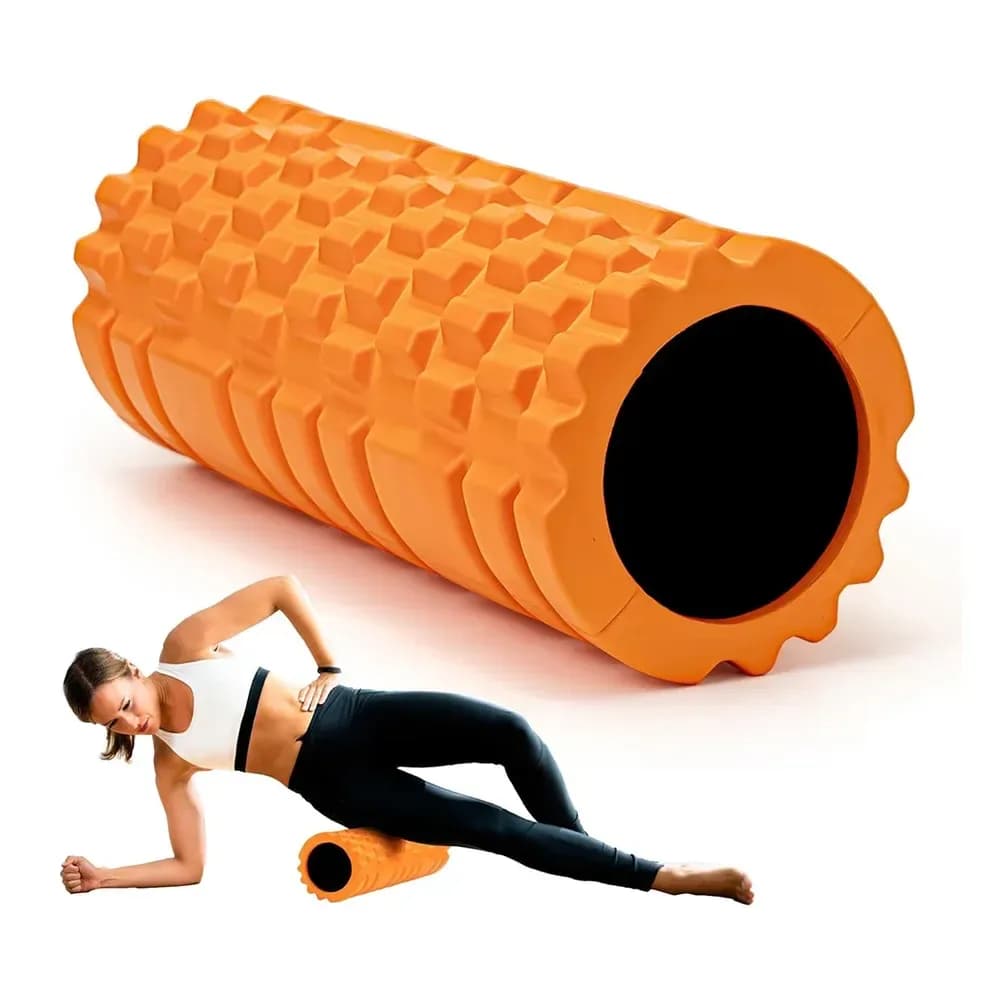 orange textured grid foam roller, 33 x 14 cm