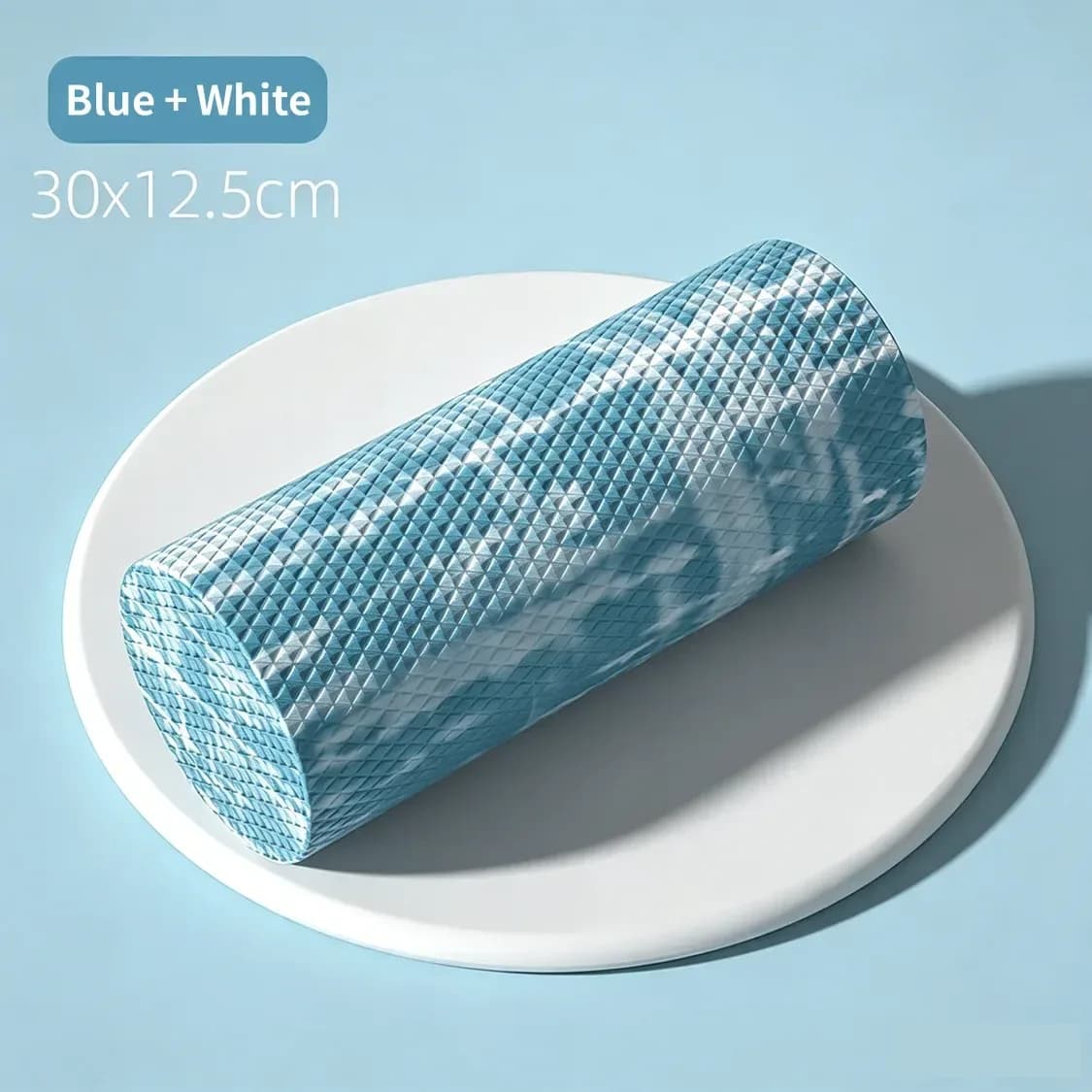 blue and white solid EVA foam roller, 30 x 12.5 cm