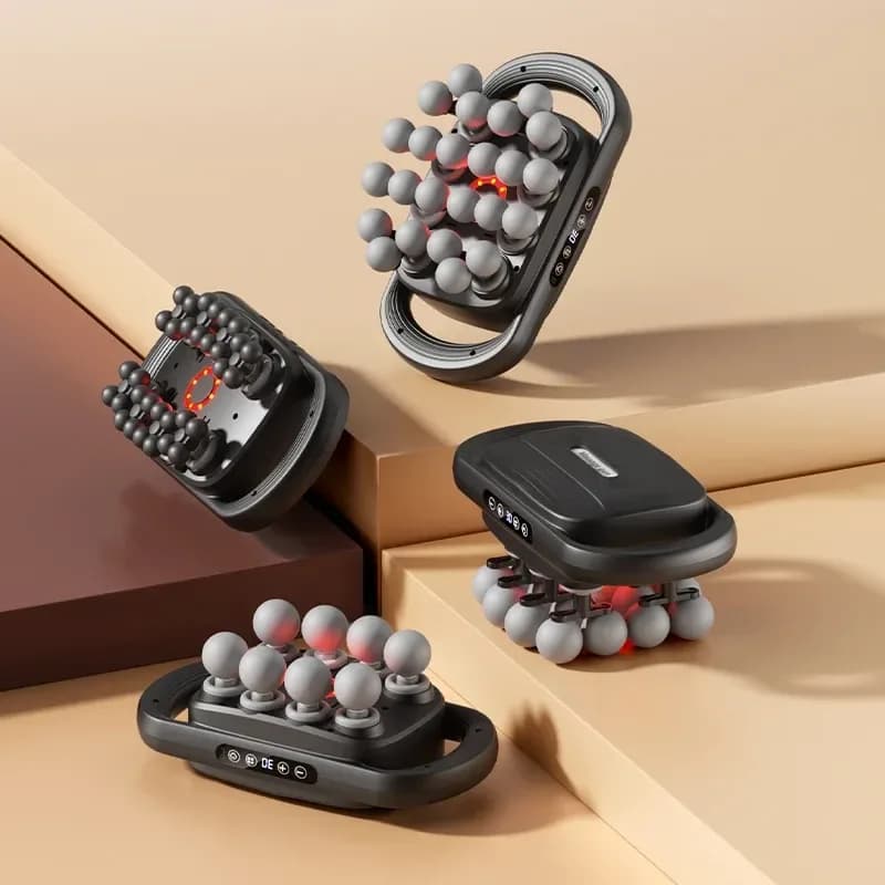 multi head percussion massager shown from several angles