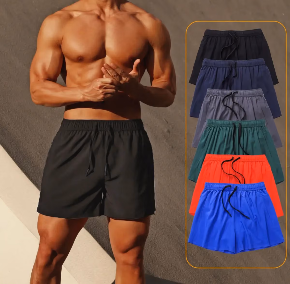 man wearing black quick dry running shorts, with other colors shown beside him