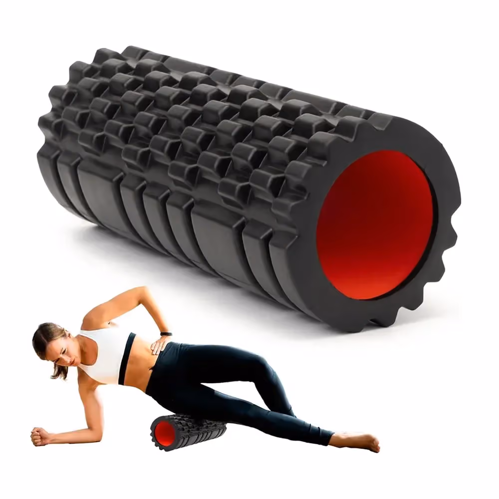 black textured grid foam roller with a woman rolling her outer thigh